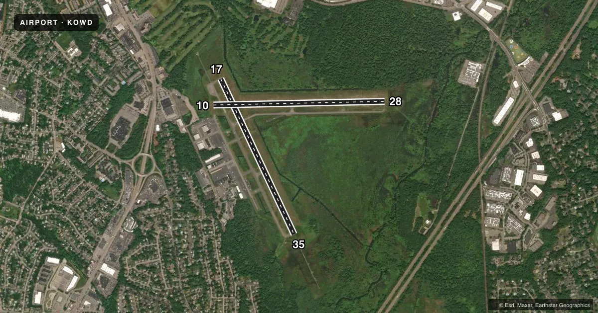 Top-down satellite sketch of KOWD NORWOOD MEML in NORWOOD, MASSACHUSETTS, showing runways 17/35, 10/28 drawn to scale over Esri World Imagery