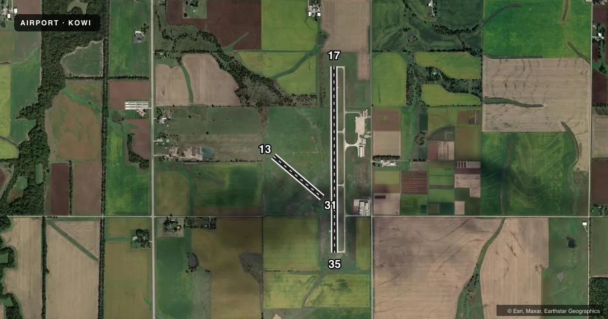 Top-down satellite sketch of KOWI OTTAWA MUNI in OTTAWA, KANSAS, showing runways 17/35, 13/31 drawn to scale over Esri World Imagery