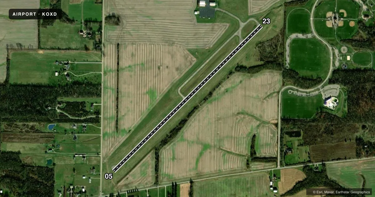 Top-down satellite sketch of KOXD MIAMI UNIVERSITY in OXFORD, OHIO, showing runways 05/23 drawn to scale over Esri World Imagery