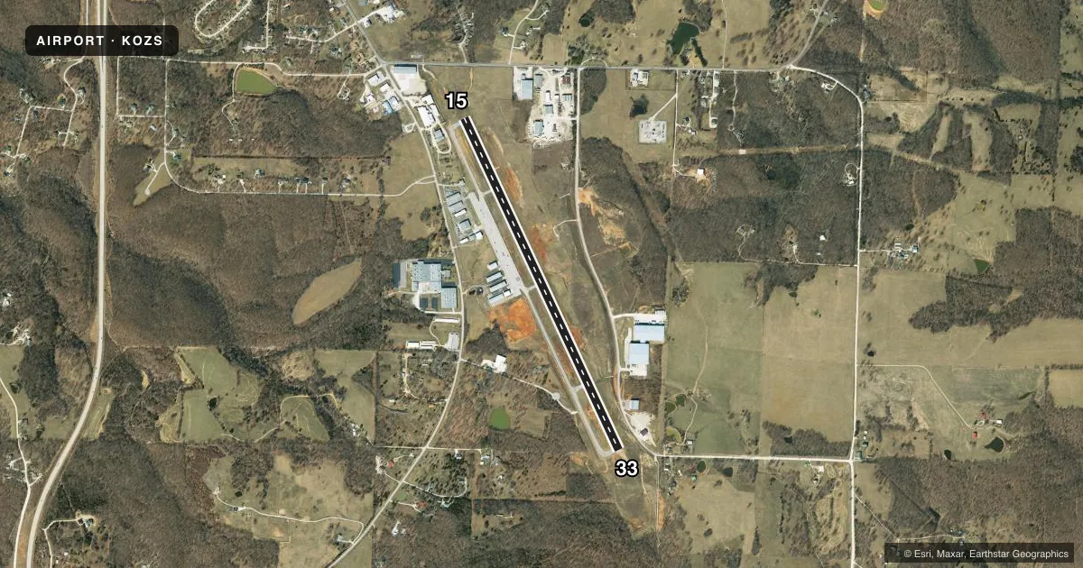 Top-down satellite sketch of KOZS CAMDENTON MEML-LAKE RGNL in CAMDENTON, MISSOURI, showing runways 15/33 drawn to scale over Esri World Imagery