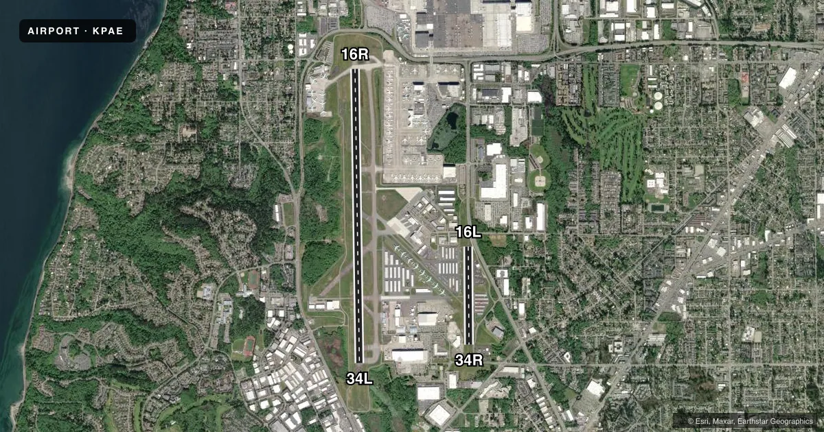 Top-down satellite sketch of KPAE SEATTLE PAINE FLD INTL in EVERETT, WASHINGTON, showing runways 16R/34L, 16L/34R drawn to scale over Esri World Imagery