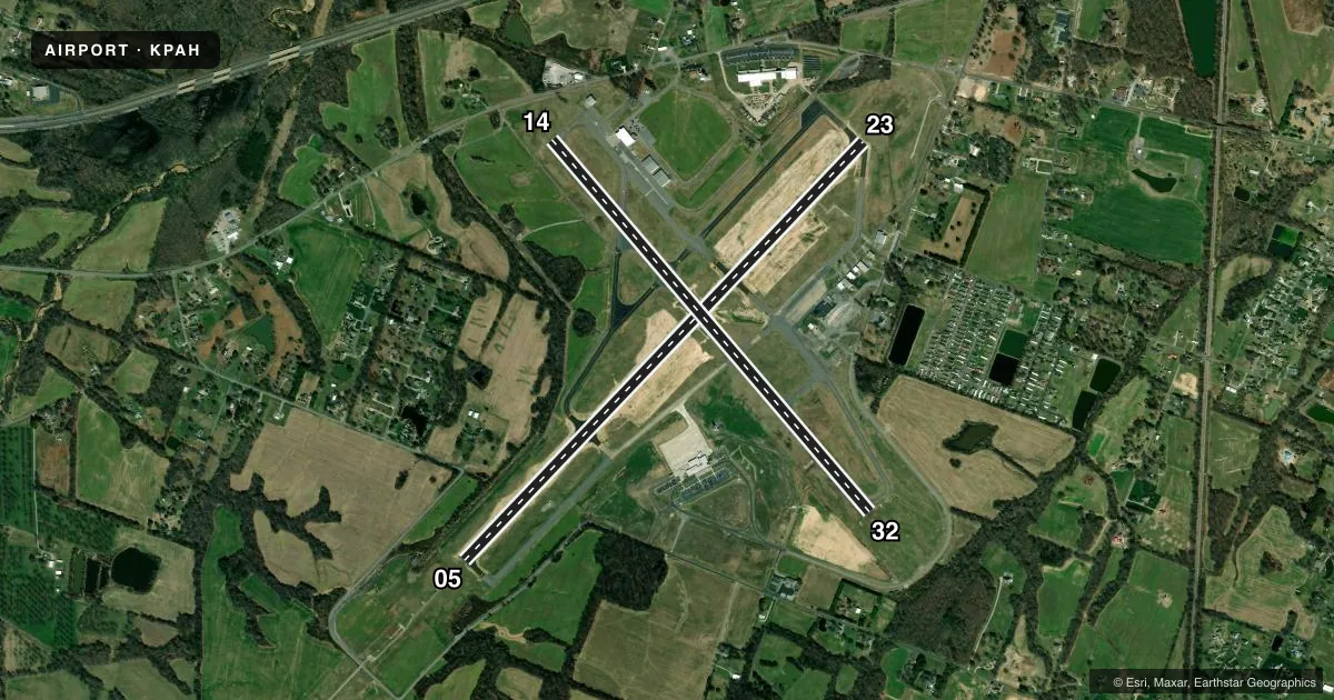 Top-down satellite sketch of KPAH BARKLEY RGNL in PADUCAH, KENTUCKY, showing runways 05/23, 14/32 drawn to scale over Esri World Imagery