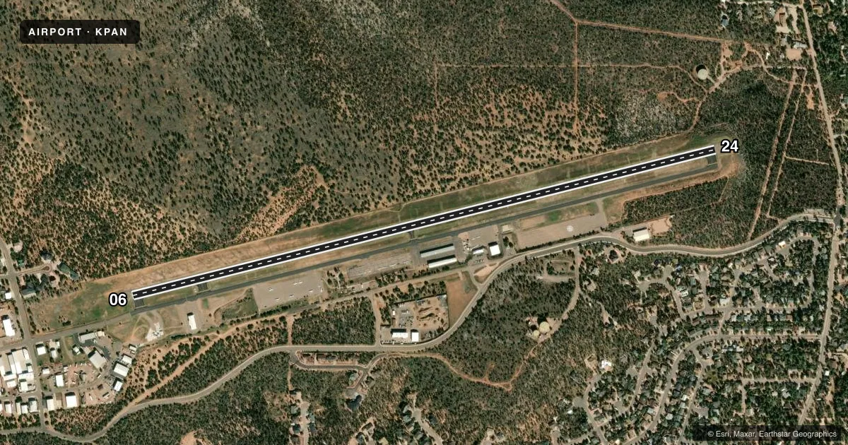 Top-down satellite sketch of KPAN PAYSON in PAYSON, ARIZONA, showing runways 06/24 drawn to scale over Esri World Imagery