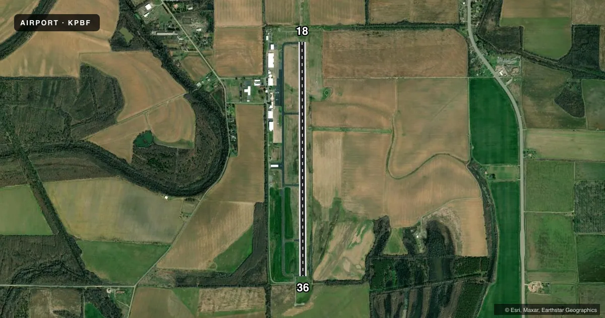 Top-down satellite sketch of KPBF PINEBLUFF RGNL/GRIDER FLD in PINE BLUFF, ARKANSAS, showing runways 18/36 drawn to scale over Esri World Imagery