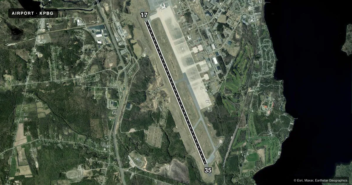 Top-down satellite sketch of KPBG PLATTSBURGH INTL in PLATTSBURGH, NEW YORK, showing runways 17/35 drawn to scale over Esri World Imagery