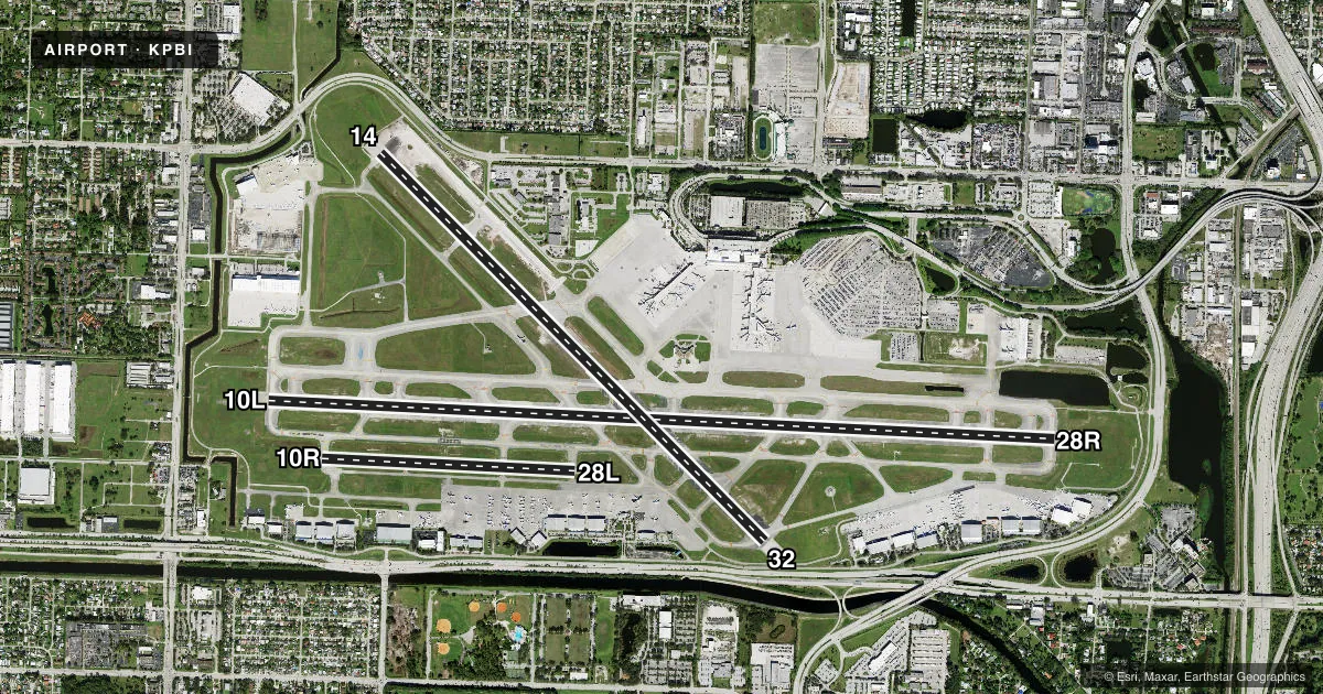 Top-down satellite sketch of KPBI PALM BEACH INTL in WEST PALM BEACH, FLORIDA, showing runways 10L/28R, 14/32, 10R/28L drawn to scale over Esri World Imagery