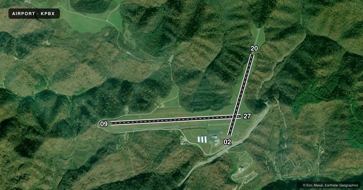 Top-down satellite sketch of KPBX PIKE COUNTY/HATCHER FLD in PIKEVILLE, KENTUCKY, showing runways 09/27, 02/20 drawn to scale over Esri World Imagery