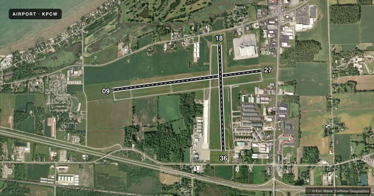 Top-down satellite sketch of KPCW ERIE-OTTAWA INTL in PORT CLINTON, OHIO, showing runways 09/27, 18/36 drawn to scale over Esri World Imagery
