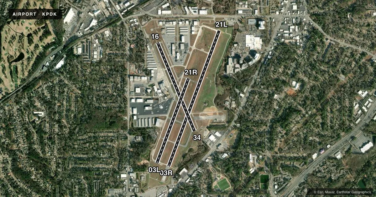 Top-down satellite sketch of KPDK DEKALB-PEACHTREE in ATLANTA, GEORGIA, showing runways 03R/21L, 16/34, 03L/21R drawn to scale over Esri World Imagery