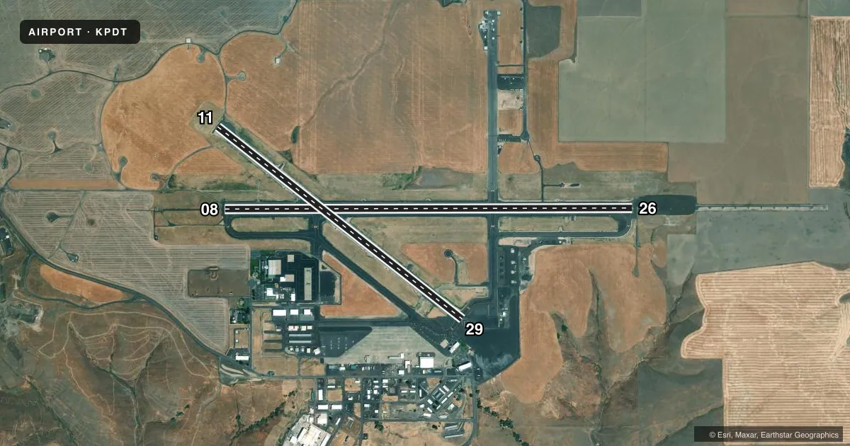 Top-down satellite sketch of KPDT EASTERN OREGON RGNL AT PENDLETON in PENDLETON, OREGON, showing runways 08/26, 11/29 drawn to scale over Esri World Imagery