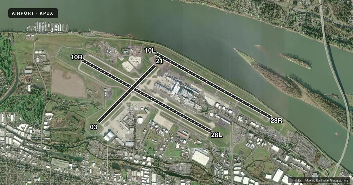 Top-down satellite sketch of KPDX PORTLAND INTL in PORTLAND, OREGON, showing runways 10R/28L, 10L/28R, 03/21 drawn to scale over Esri World Imagery