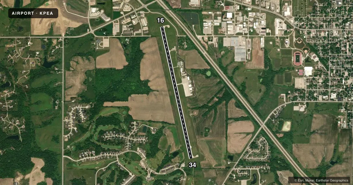 Top-down satellite sketch of KPEA PELLA MUNI in PELLA, IOWA, showing runways 16/34 drawn to scale over Esri World Imagery