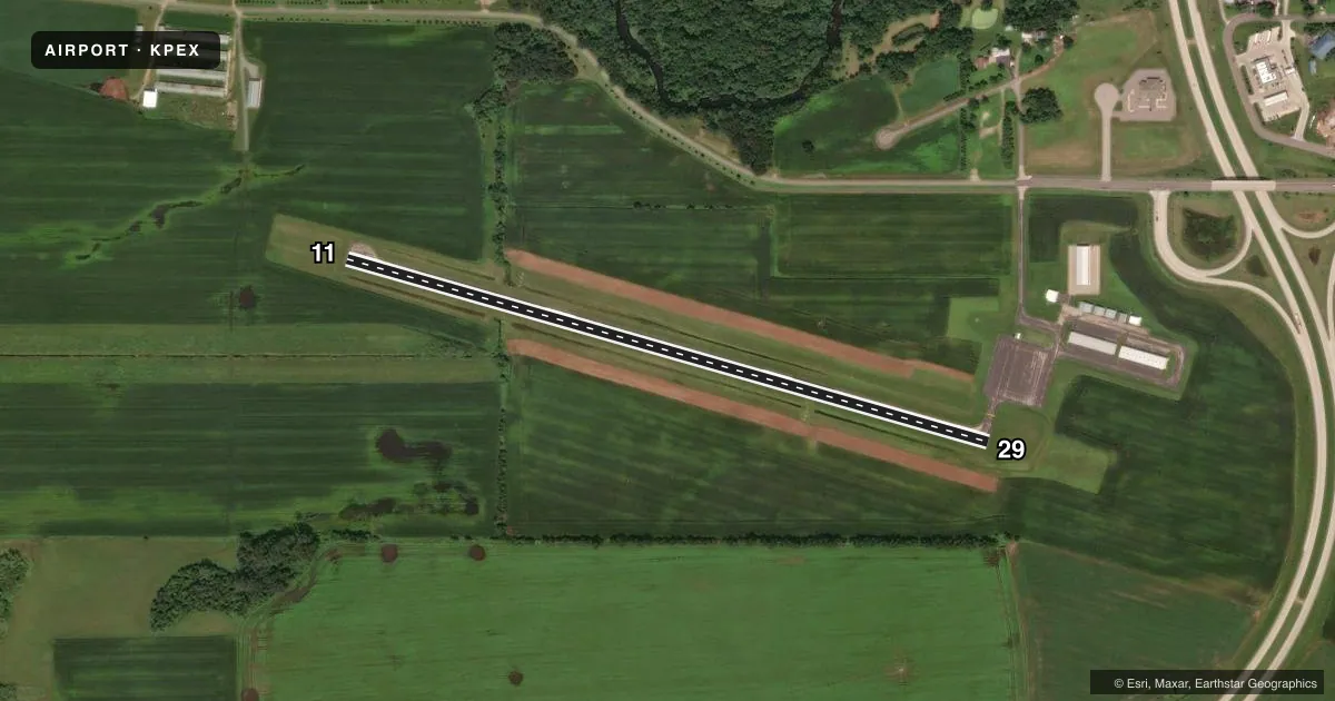 Top-down satellite sketch of KPEX PAYNESVILLE MUNI in PAYNESVILLE, MINNESOTA, showing runways 11/29 drawn to scale over Esri World Imagery