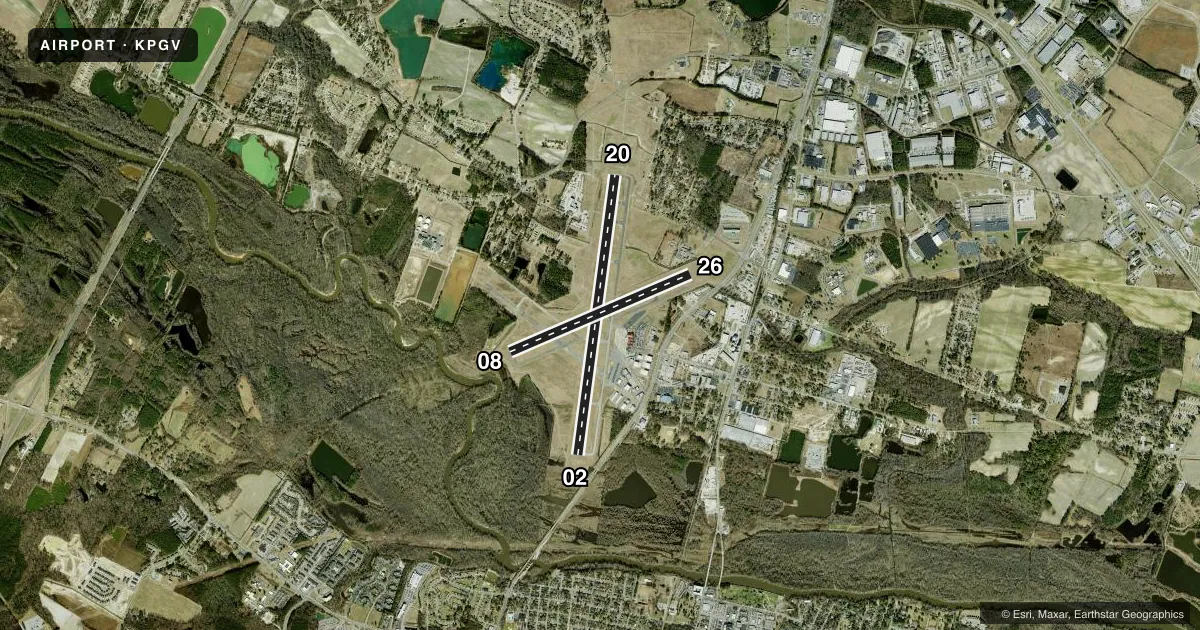 Top-down satellite sketch of KPGV PITT-GREENVILLE in GREENVILLE, NORTH CAROLINA, showing runways 02/20, 08/26 drawn to scale over Esri World Imagery