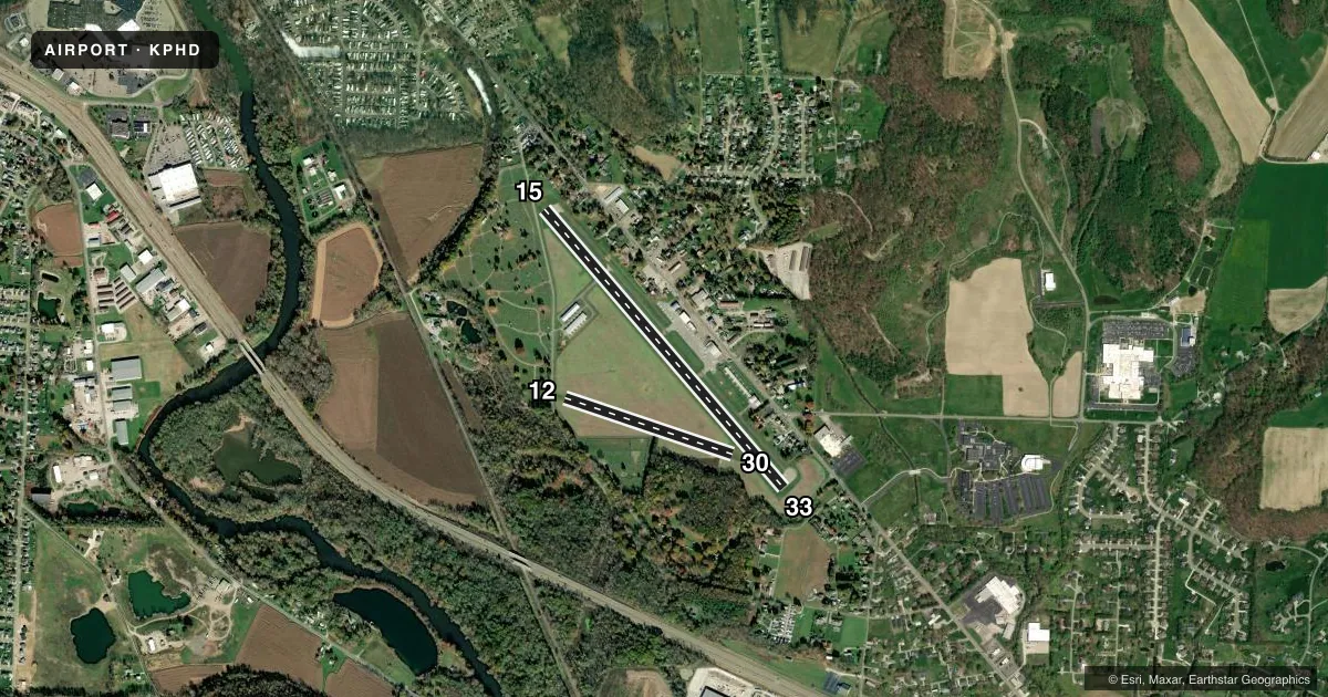 Top-down satellite sketch of KPHD HARRY CLEVER FLD in NEW PHILADELPHIA, OHIO, showing runways 15/33, 12/30 drawn to scale over Esri World Imagery