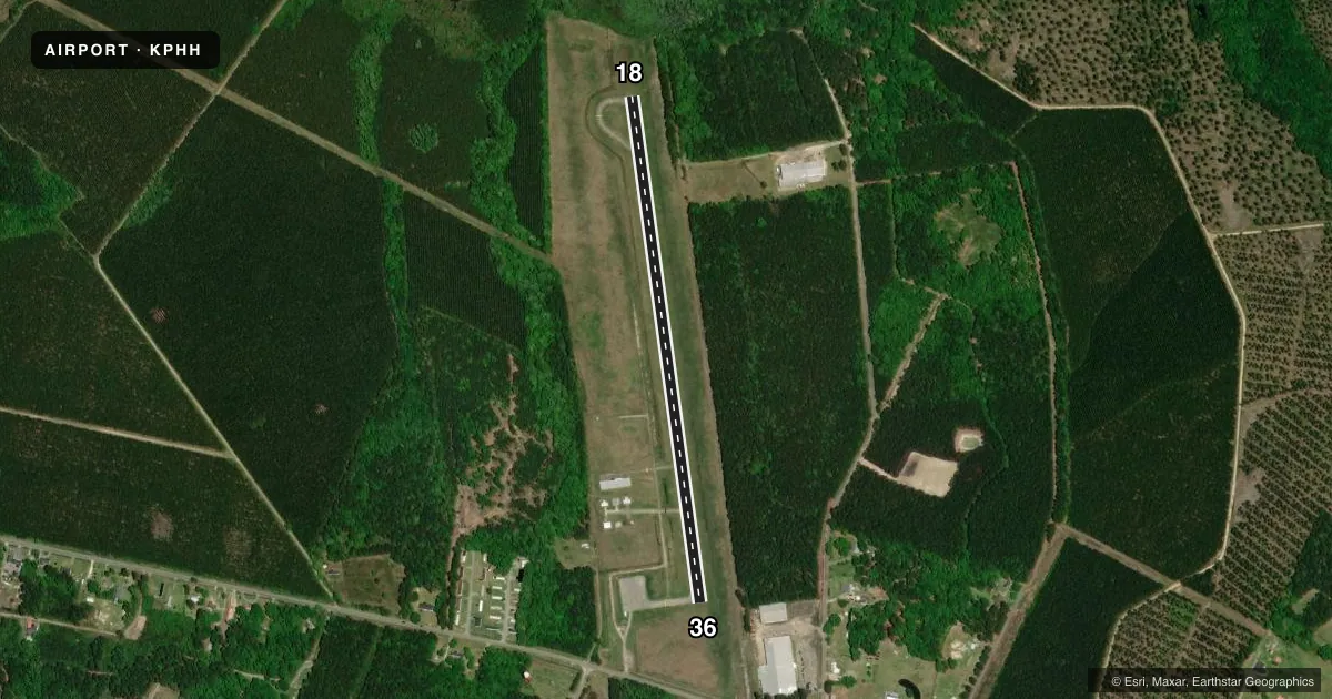 Top-down satellite sketch of KPHH ROBERT F SWINNIE in ANDREWS, SOUTH CAROLINA, showing runways 18/36 drawn to scale over Esri World Imagery