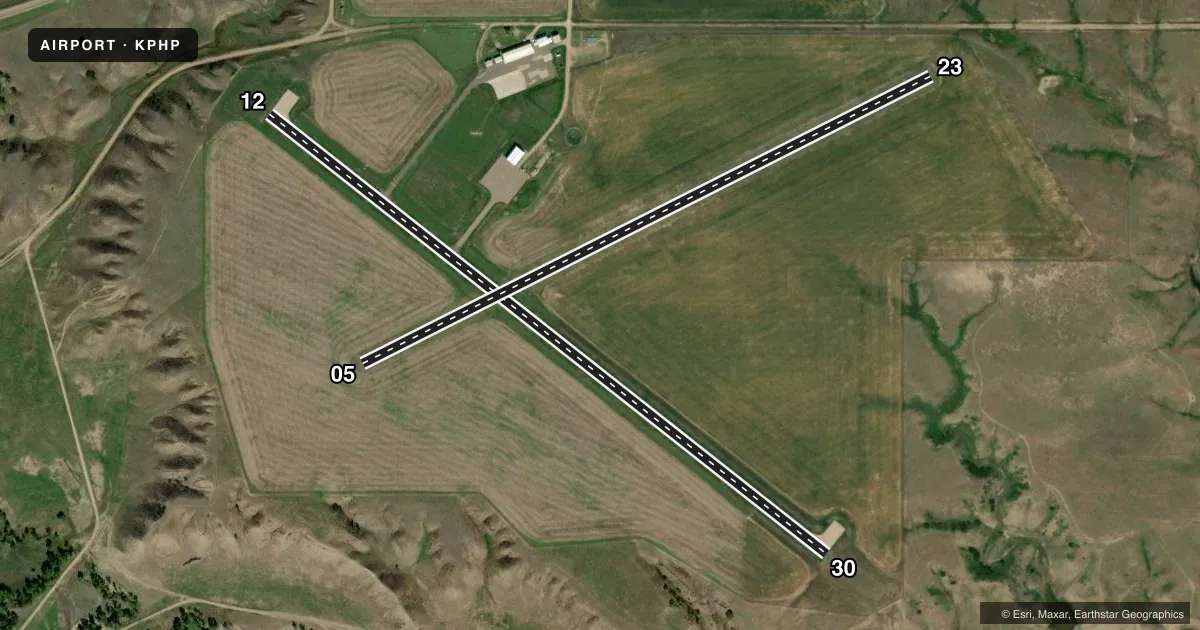 Top-down satellite sketch of KPHP PHILIP in PHILIP, SOUTH DAKOTA, showing runways 12/30, 05/23 drawn to scale over Esri World Imagery