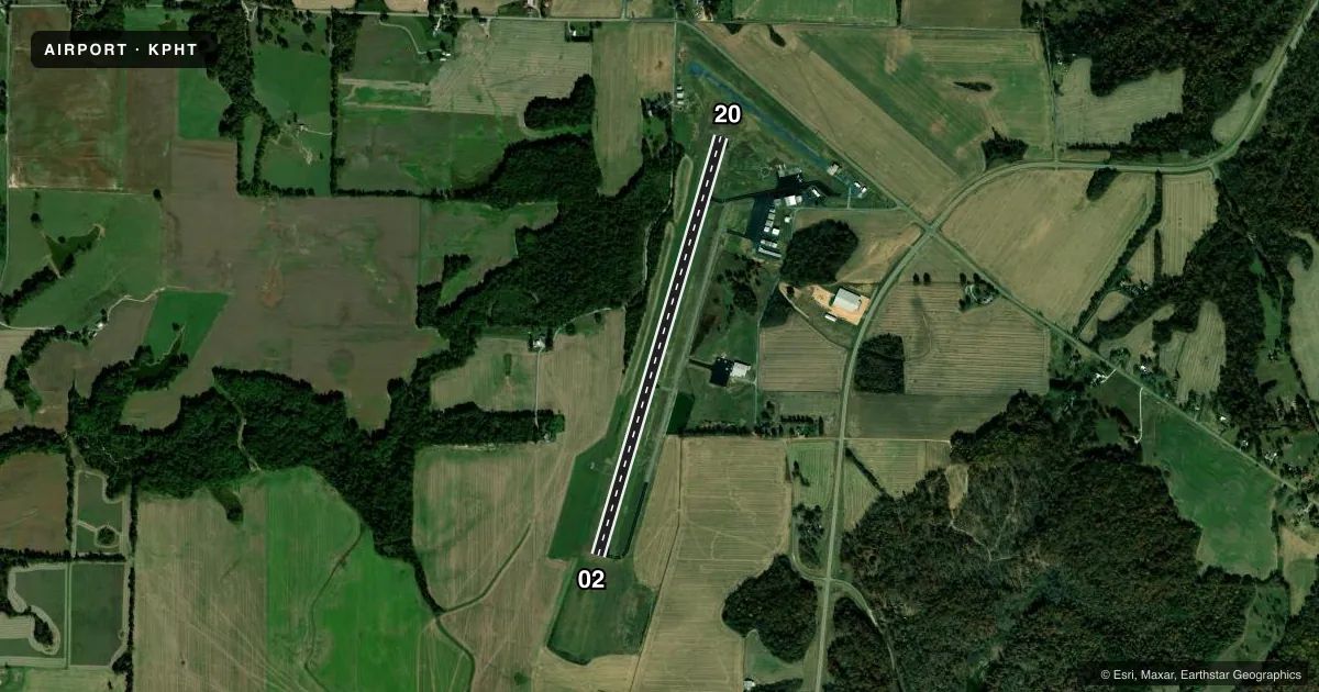 Top-down satellite sketch of KPHT HENRY COUNTY in PARIS, TENNESSEE, showing runways 02/20 drawn to scale over Esri World Imagery