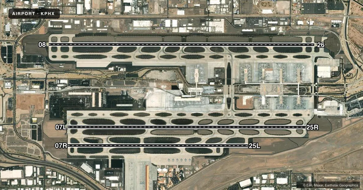 Top-down satellite sketch of KPHX PHOENIX SKY HARBOR INTL in PHOENIX, ARIZONA, showing runways 08/26, 07L/25R, 07R/25L drawn to scale over Esri World Imagery