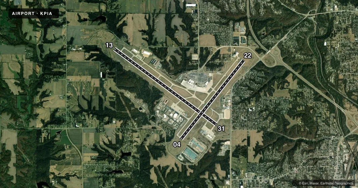 Top-down satellite sketch of KPIA GENERAL DOWNING - PEORIA INTL in PEORIA, ILLINOIS, showing runways 13/31, 04/22 drawn to scale over Esri World Imagery
