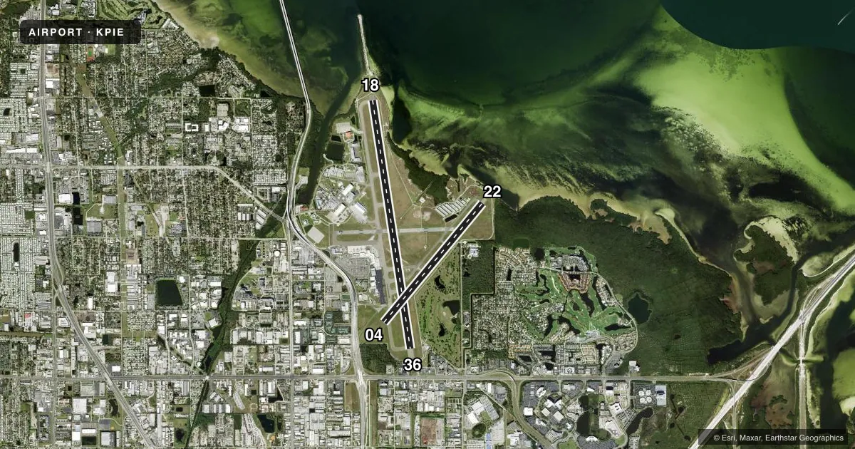 Top-down satellite sketch of KPIE ST PETE-CLEARWATER INTL in ST PETERSBURG-CLEARWATER, FLORIDA, showing runways 18/36, 04/22 drawn to scale over Esri World Imagery