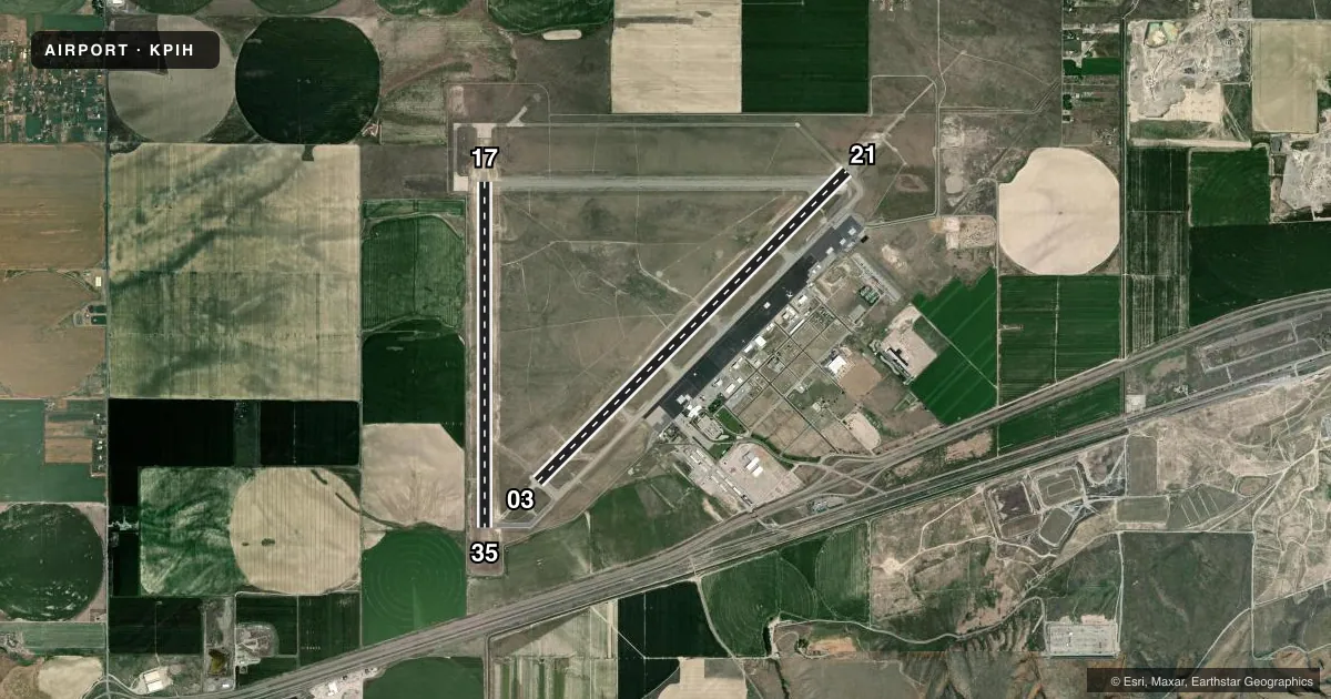 Top-down satellite sketch of KPIH POCATELLO RGNL in POCATELLO, IDAHO, showing runways 03/21, 17/35 drawn to scale over Esri World Imagery