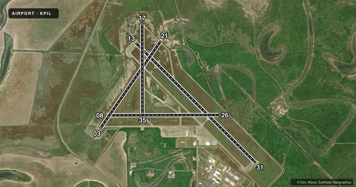 Top-down satellite sketch of KPIL CAMERON COUNTY in PORT ISABEL, TEXAS, showing runways 13/31, 08/26, 03/21, 17/35 drawn to scale over Esri World Imagery
