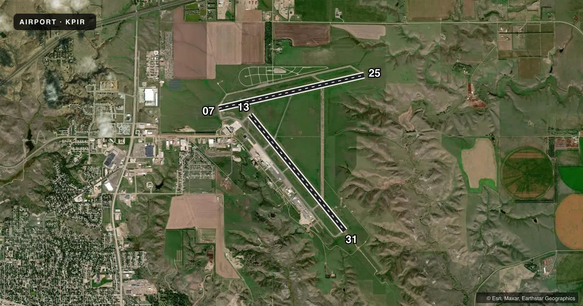 Top-down satellite sketch of KPIR PIERRE RGNL in PIERRE, SOUTH DAKOTA, showing runways 13/31, 07/25 drawn to scale over Esri World Imagery