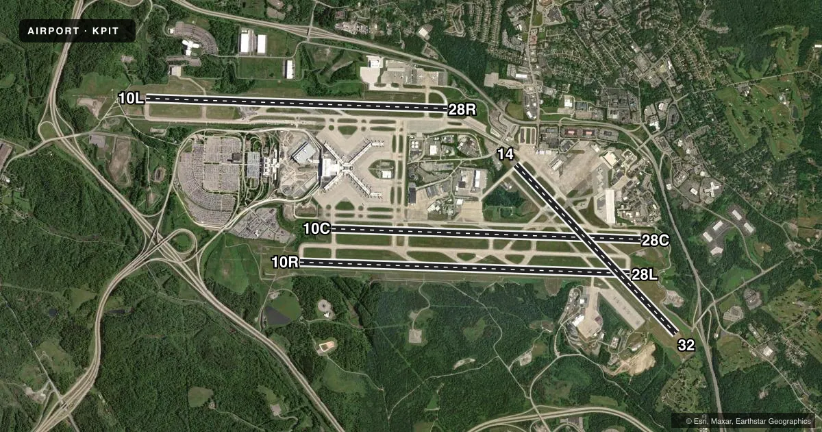 Top-down satellite sketch of KPIT PITTSBURGH INTL in PITTSBURGH, PENNSYLVANIA, showing runways 10R/28L, 10C/28C, 10L/28R, 14/32 drawn to scale over Esri World Imagery