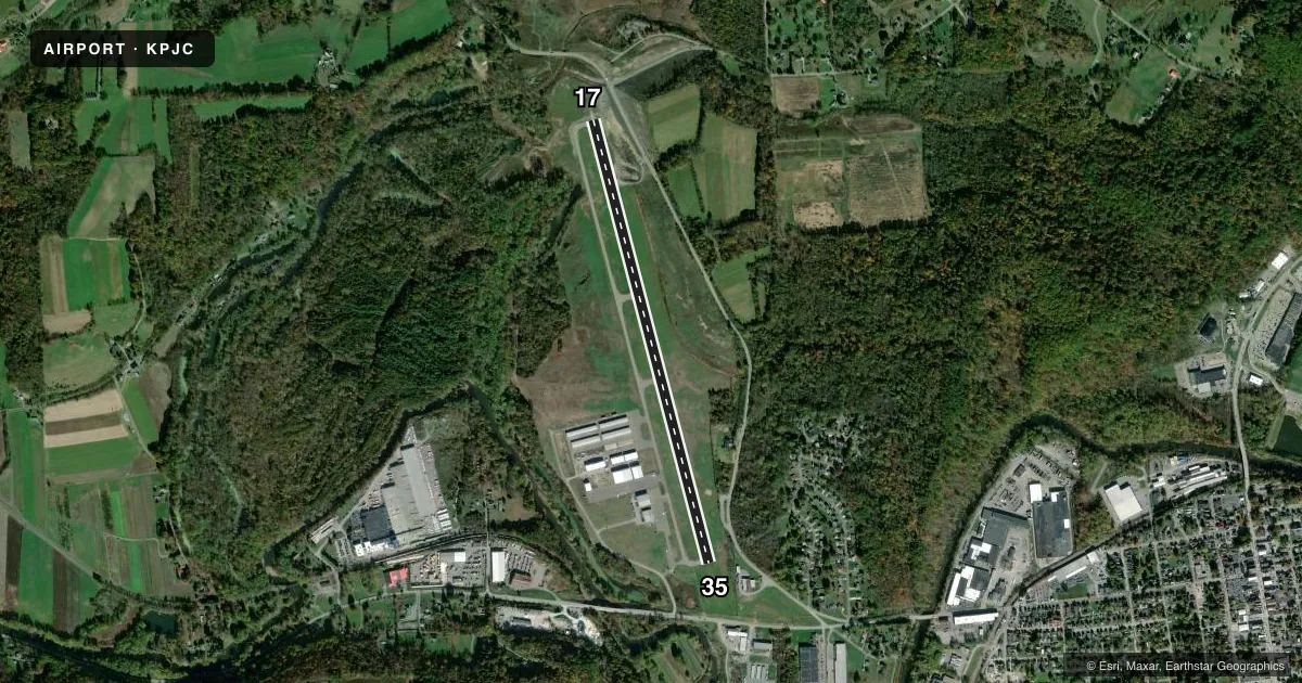 Top-down satellite sketch of KPJC ZELIENOPLE MUNI in ZELIENOPLE, PENNSYLVANIA, showing runways 17/35 drawn to scale over Esri World Imagery