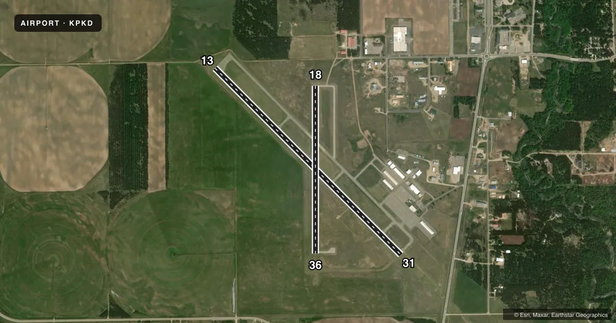 Top-down satellite sketch of KPKD PARK RAPIDS MUNI/KONSHOK FLD in PARK RAPIDS, MINNESOTA, showing runways 13/31, 18/36 drawn to scale over Esri World Imagery