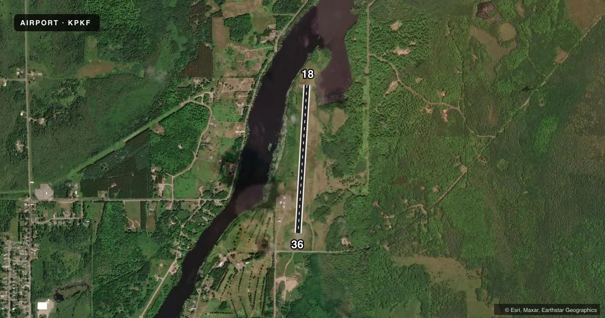 Top-down satellite sketch of KPKF PARK FALLS MUNI in PARK FALLS, WISCONSIN, showing runways 18/36 drawn to scale over Esri World Imagery