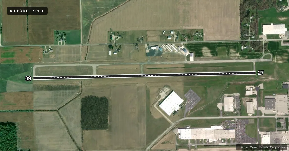 Top-down satellite sketch of KPLD PORTLAND MUNI in PORTLAND, INDIANA, showing runways 09/27 drawn to scale over Esri World Imagery