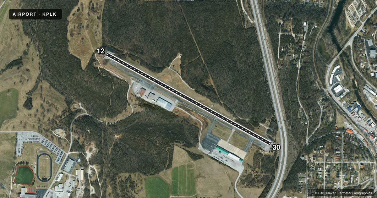 Top-down satellite sketch of KPLK M GRAHAM CLARK DOWNTOWN in BRANSON, MISSOURI, showing runways 12/30 drawn to scale over Esri World Imagery