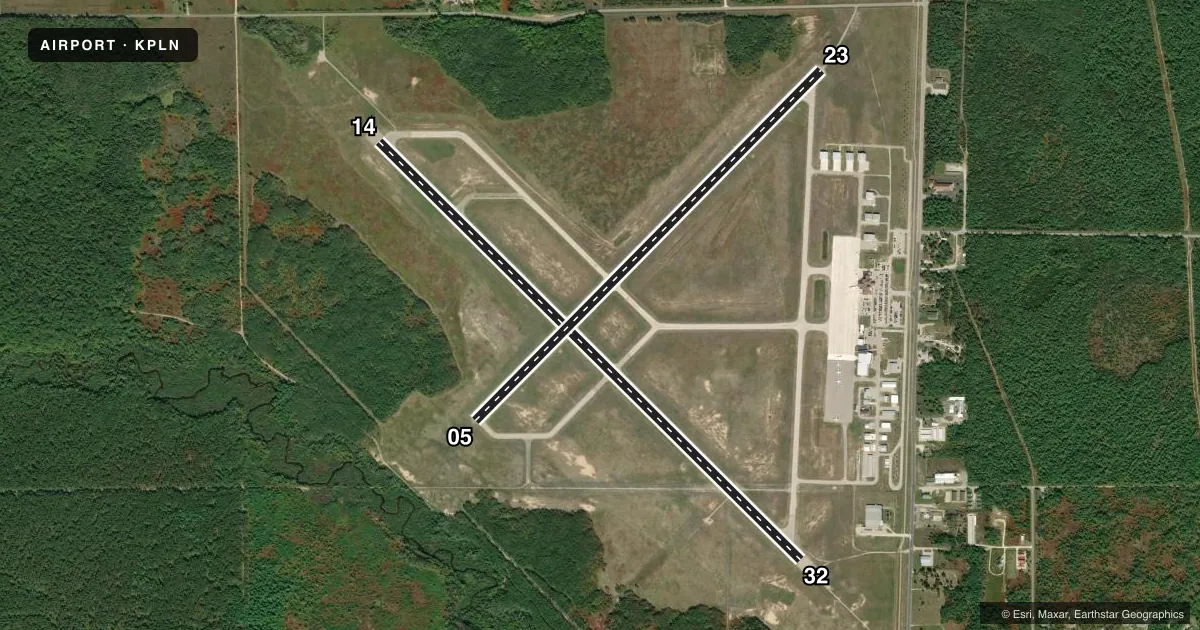 Top-down satellite sketch of KPLN PELLSTON RGNL/EMMET COUNTY in PELLSTON, MICHIGAN, showing runways 14/32, 05/23 drawn to scale over Esri World Imagery