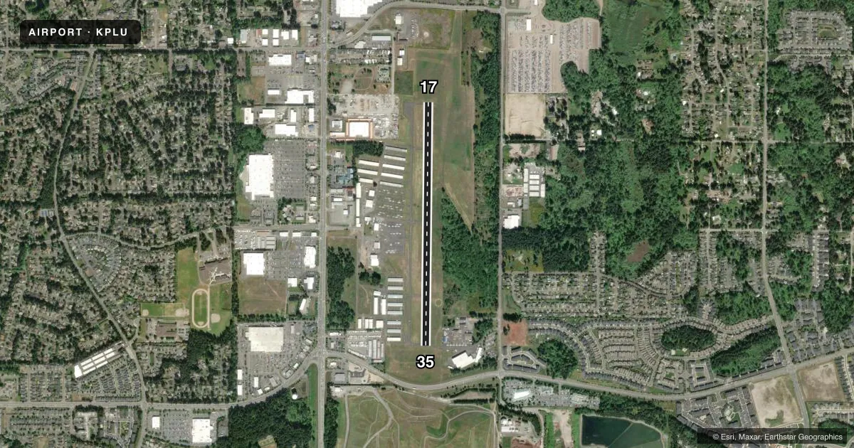 Top-down satellite sketch of KPLU PIERCE COUNTY/THUN FLD in PUYALLUP, WASHINGTON, showing runways 17/35 drawn to scale over Esri World Imagery