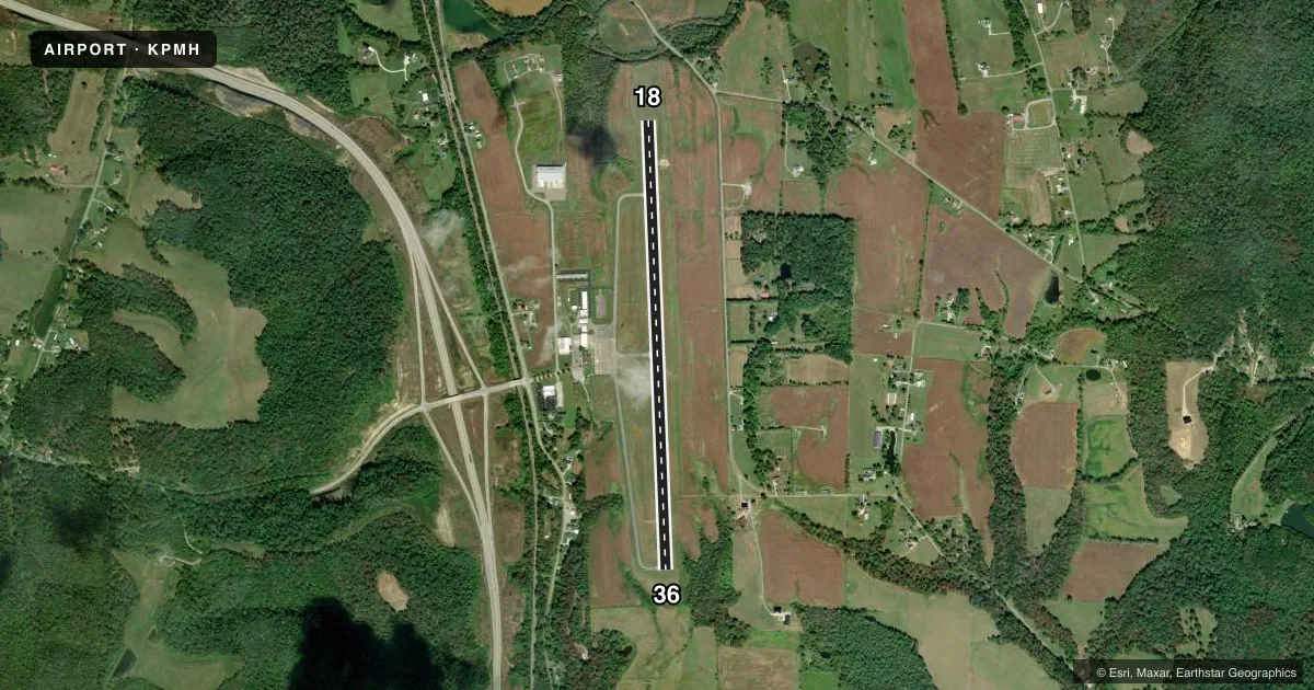 Top-down satellite sketch of KPMH GREATER PORTSMOUTH RGNL in PORTSMOUTH, OHIO, showing runways 18/36 drawn to scale over Esri World Imagery