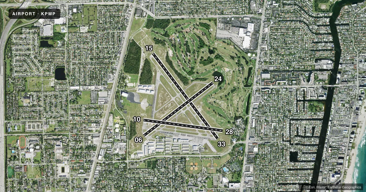 Top-down satellite sketch of KPMP POMPANO BEACH AIRPARK in POMPANO BEACH, FLORIDA, showing runways 15/33, 06/24, 10/28 drawn to scale over Esri World Imagery