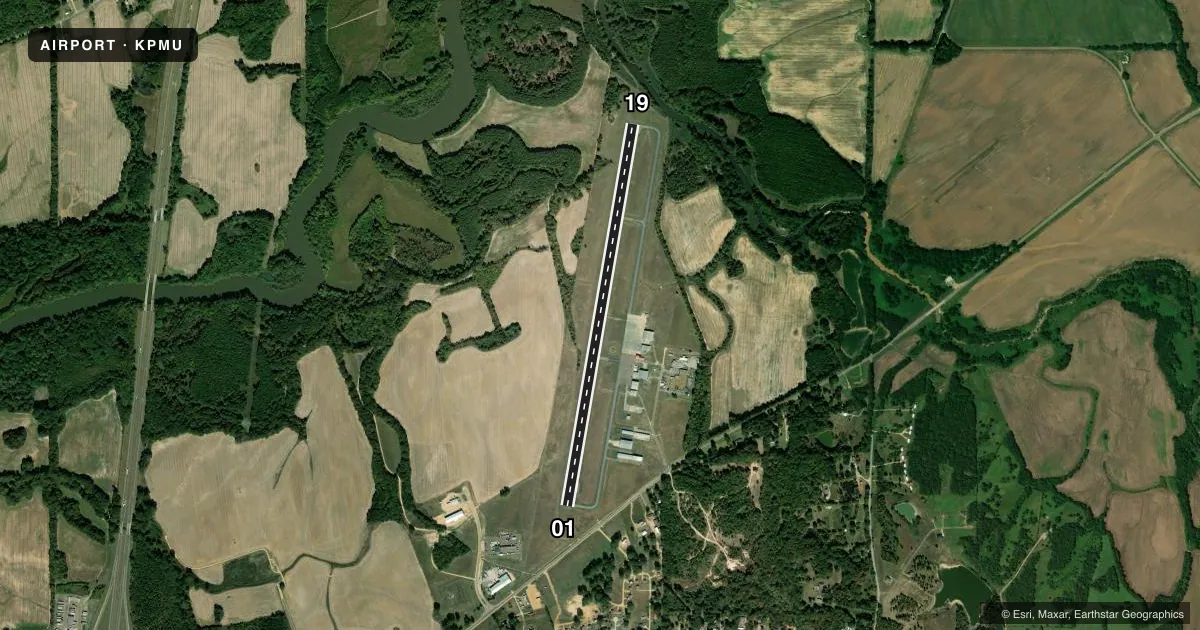 Top-down satellite sketch of KPMU PANOLA COUNTY in BATESVILLE, MISSISSIPPI, showing runways 01/19 drawn to scale over Esri World Imagery