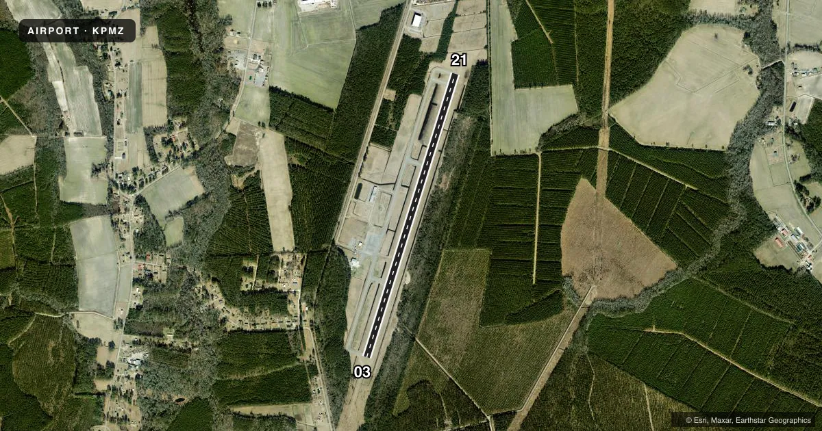 Top-down satellite sketch of KPMZ PLYMOUTH MUNI in PLYMOUTH, NORTH CAROLINA, showing runways 03/21 drawn to scale over Esri World Imagery