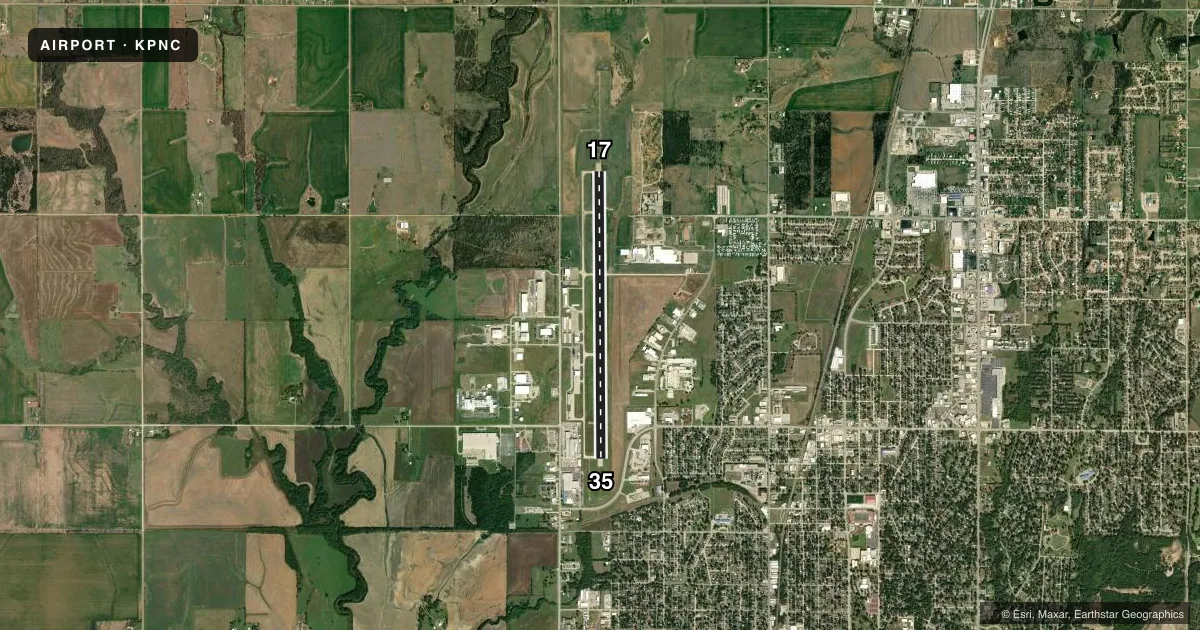 Top-down satellite sketch of KPNC PONCA CITY RGNL in PONCA CITY, OKLAHOMA, showing runways 17/35 drawn to scale over Esri World Imagery