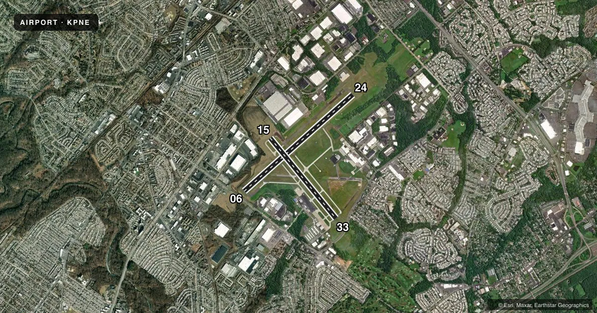 Top-down satellite sketch of KPNE NORTHEAST PHILADELPHIA in PHILADELPHIA, PENNSYLVANIA, showing runways 06/24, 15/33 drawn to scale over Esri World Imagery