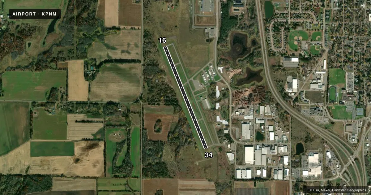 Top-down satellite sketch of KPNM PRINCETON MUNI in PRINCETON, MINNESOTA, showing runways 16/34 drawn to scale over Esri World Imagery