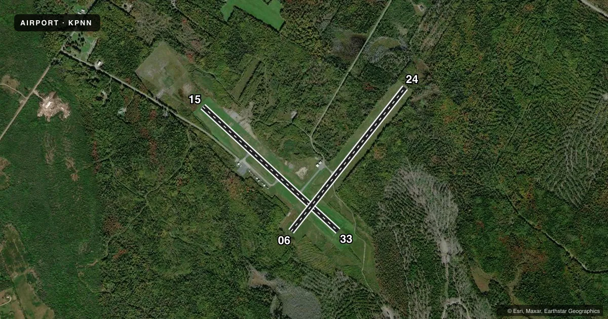 Top-down satellite sketch of KPNN PRINCETON MUNI in PRINCETON, MAINE, showing runways 15/33, 06/24 drawn to scale over Esri World Imagery