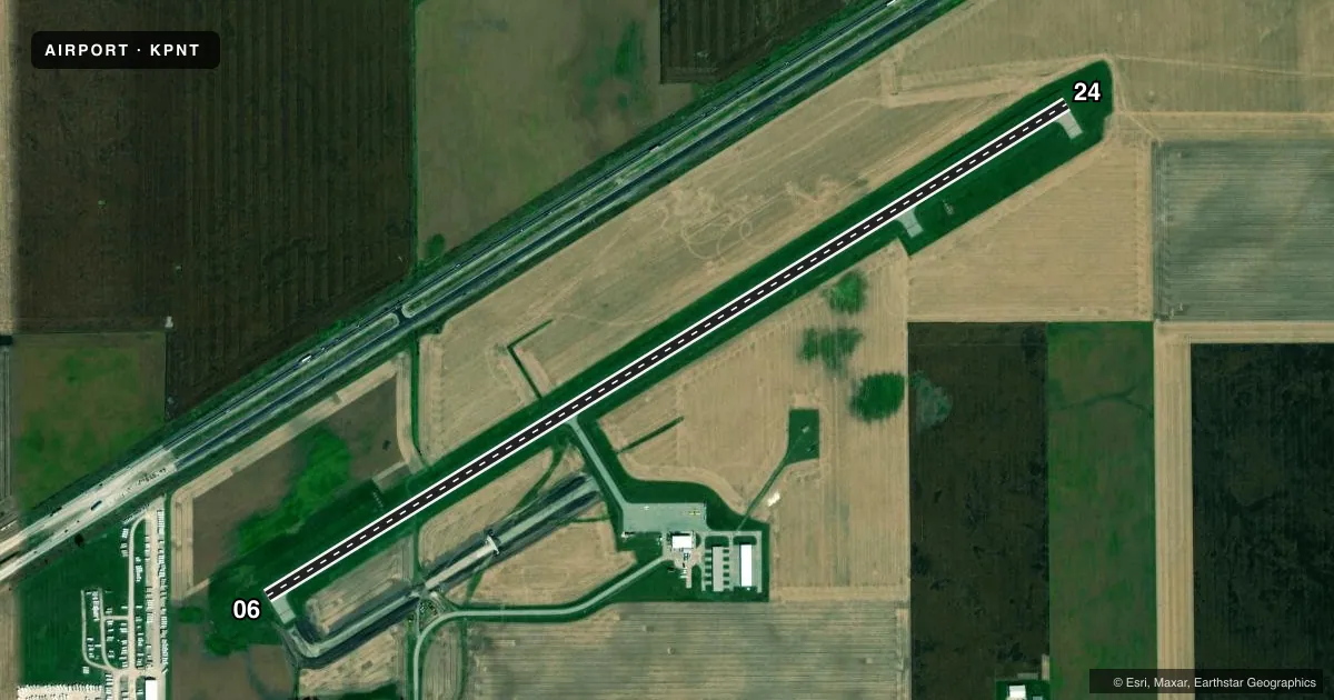 Top-down satellite sketch of KPNT PONTIAC MUNI in PONTIAC, ILLINOIS, showing runways 06/24 drawn to scale over Esri World Imagery