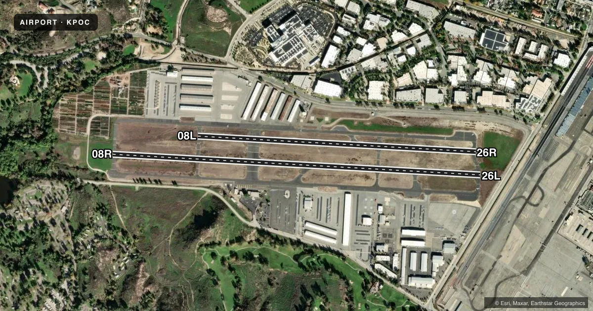 Top-down satellite sketch of KPOC BRACKETT FLD in LA VERNE, CALIFORNIA, showing runways 08R/26L, 08L/26R drawn to scale over Esri World Imagery