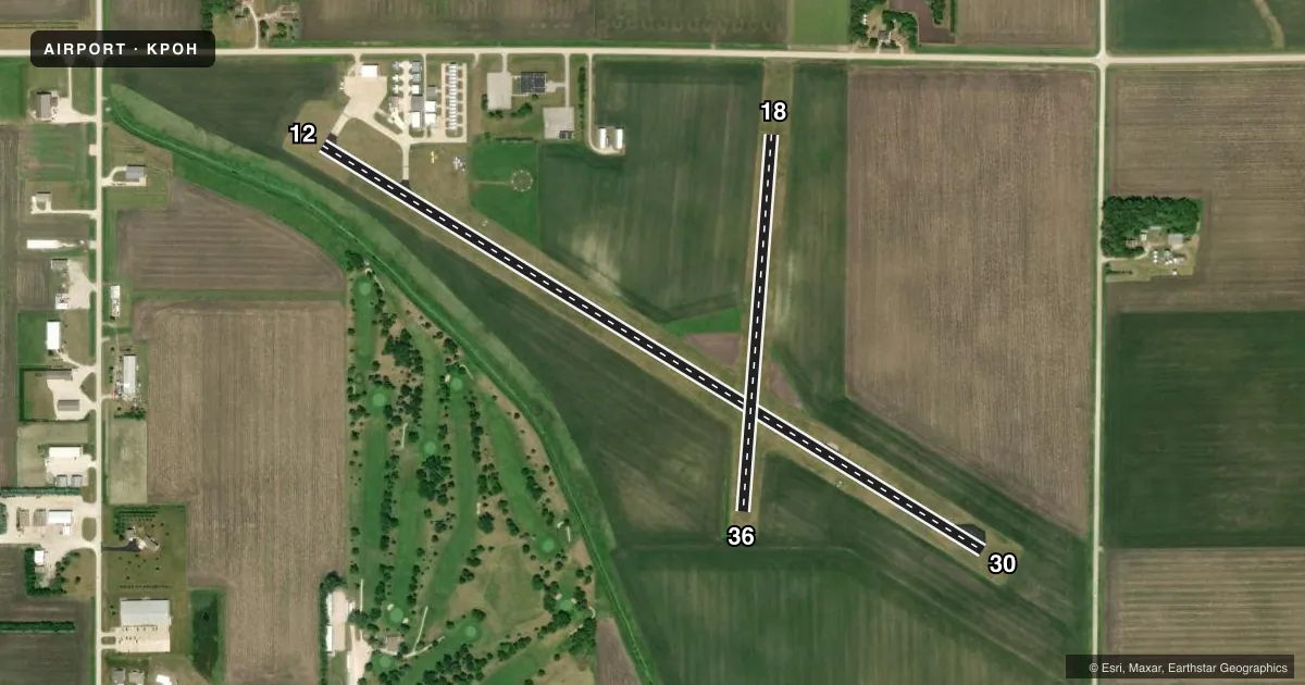 Top-down satellite sketch of KPOH POCAHONTAS MUNI in POCAHONTAS, IOWA, showing runways 12/30, 18/36 drawn to scale over Esri World Imagery