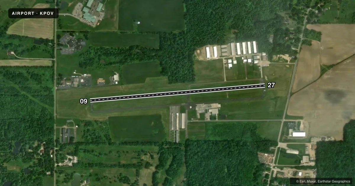 Top-down satellite sketch of KPOV PORTAGE COUNTY in RAVENNA, OHIO, showing runways 09/27 drawn to scale over Esri World Imagery