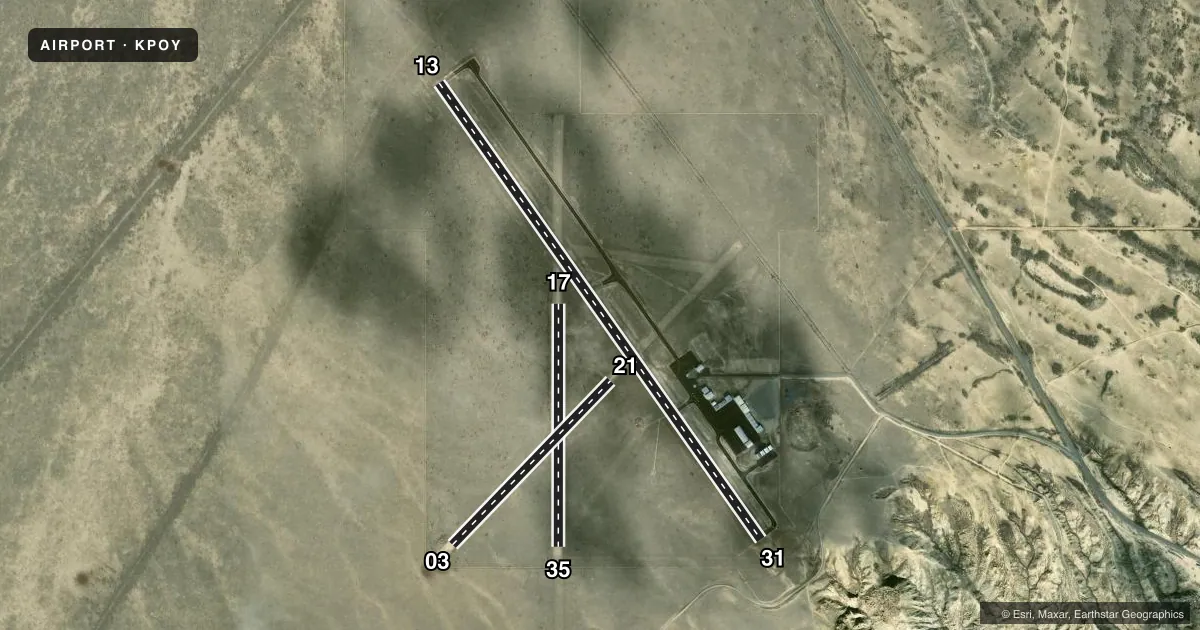 Top-down satellite sketch of KPOY POWELL MUNI in POWELL, WYOMING, showing runways 13/31, 17/35, 03/21 drawn to scale over Esri World Imagery