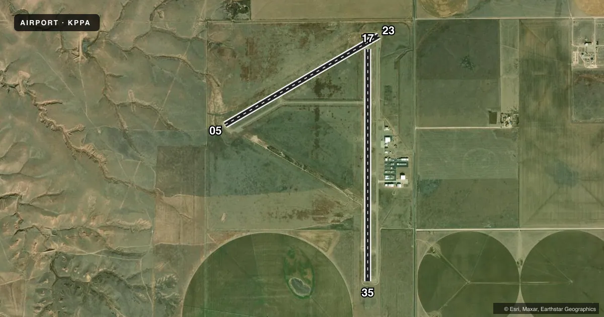 Top-down satellite sketch of KPPA PERRY LEFORS FLD in PAMPA, TEXAS, showing runways 17/35, 05/23 drawn to scale over Esri World Imagery